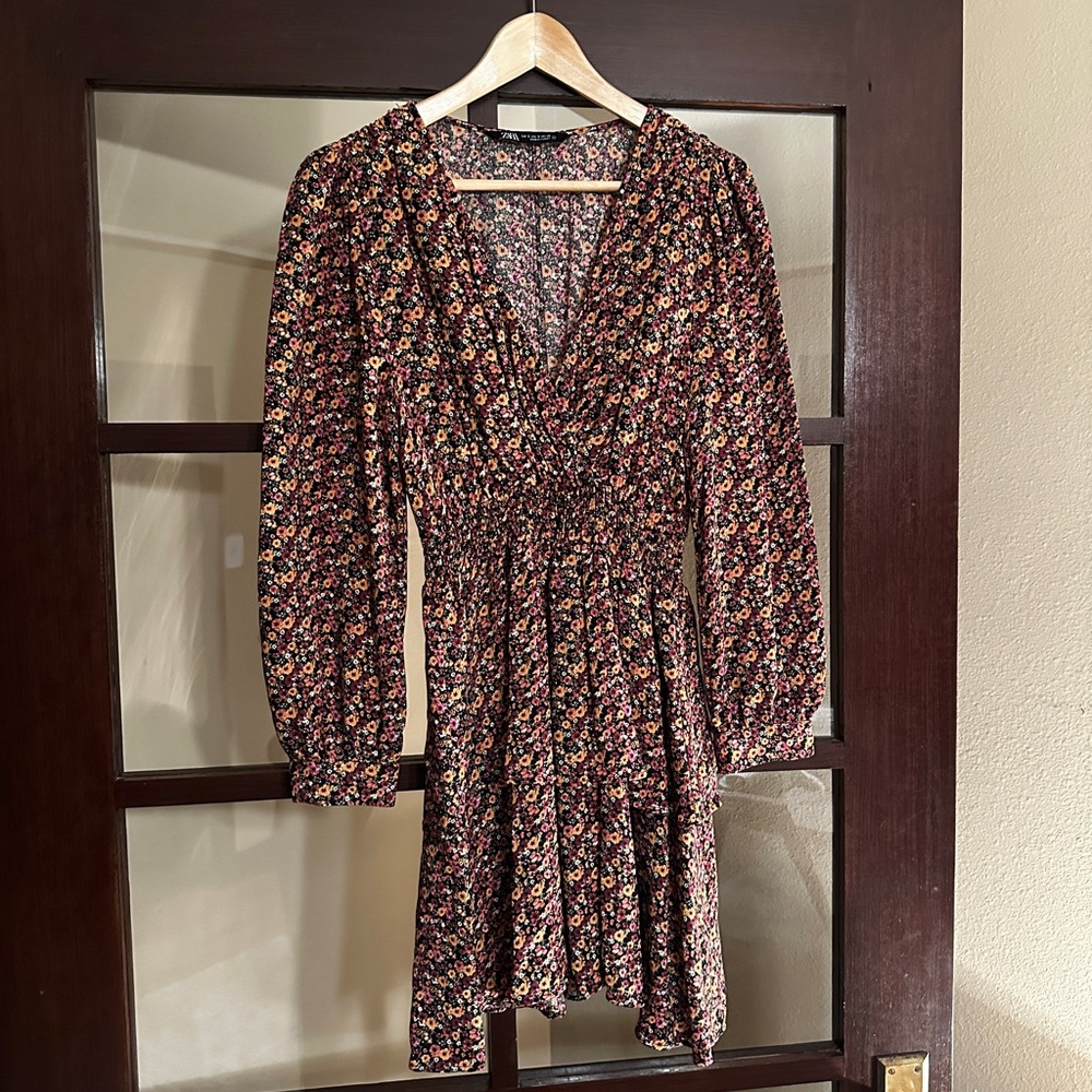 Zara Black Floral Long-Sleeve Smocked Waist Mini Dress